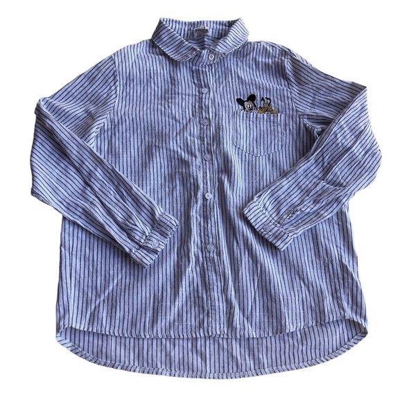 Jiwa Tops - Jiwa White and Black Stripes with Mickey Mouse & Pluto Button Up Shirt US S